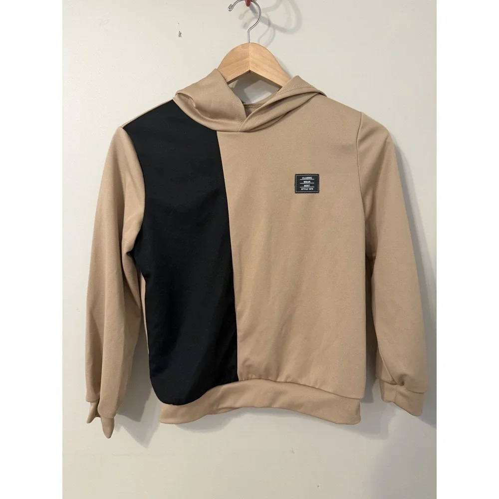 Youth Unisex Colorblock Beige & Black Pullover Hoodie US 10 EU 140